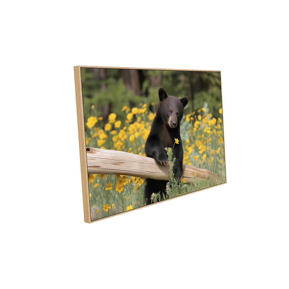 Playful Black Bear In Wildflowers Canvas Wall Art