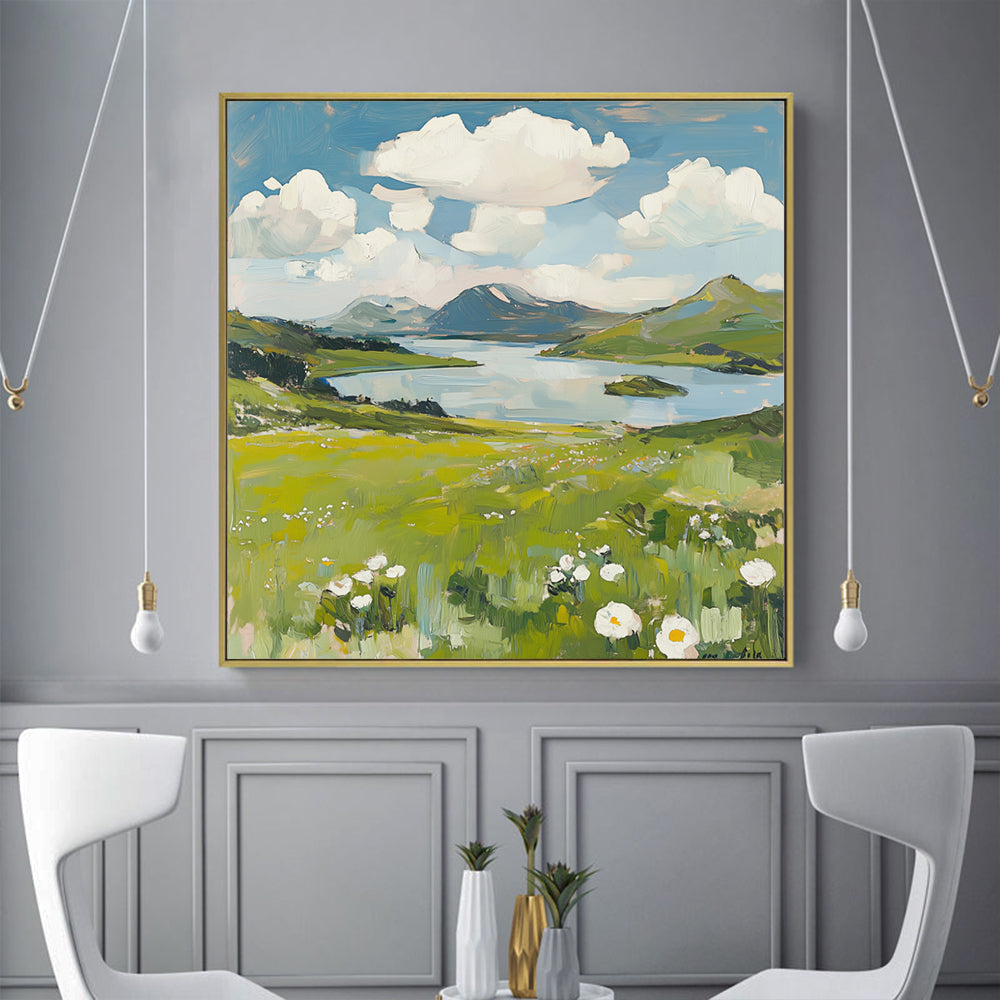 Tranquil Green Meadow And Lake - Serene Landscape Painting Canvas Wall Art