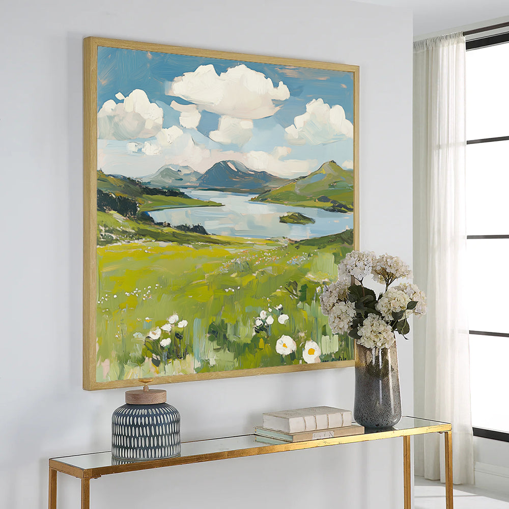 Tranquil Green Meadow And Lake - Serene Landscape Painting Canvas Wall Art
