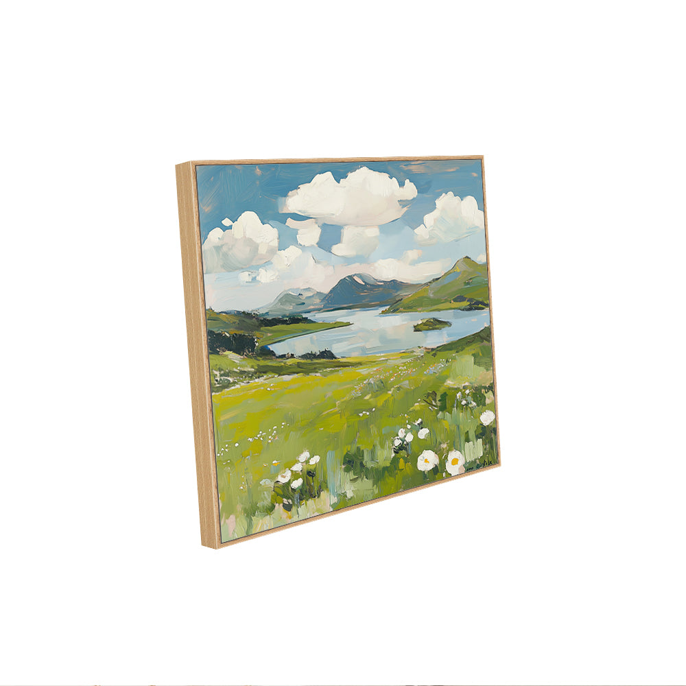 Tranquil Green Meadow And Lake - Serene Landscape Painting Canvas Wall Art