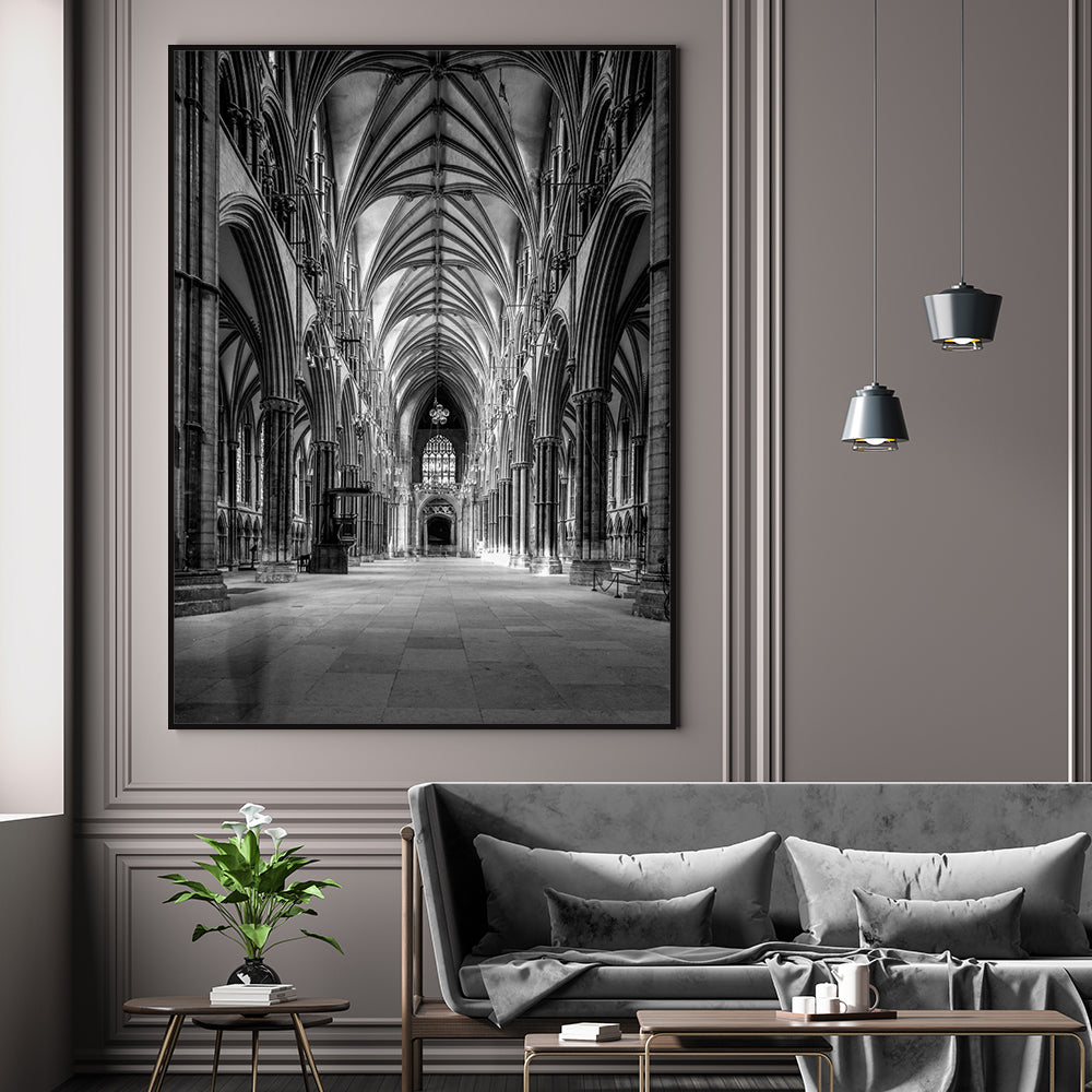 Gothic Grandeur: Black And White Cathedral Interior Canvas Wall Art