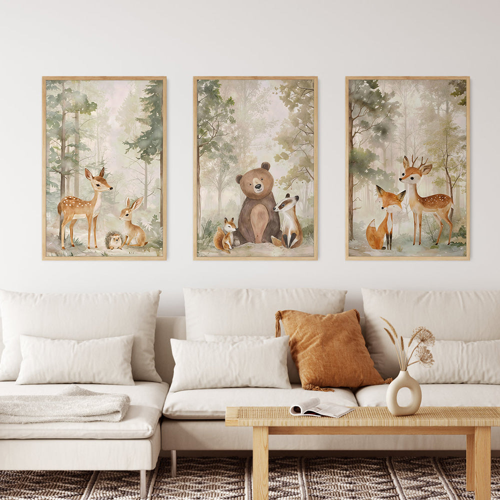 Whimsical Woodland Friends – 3-Piece Canvas Wall Art