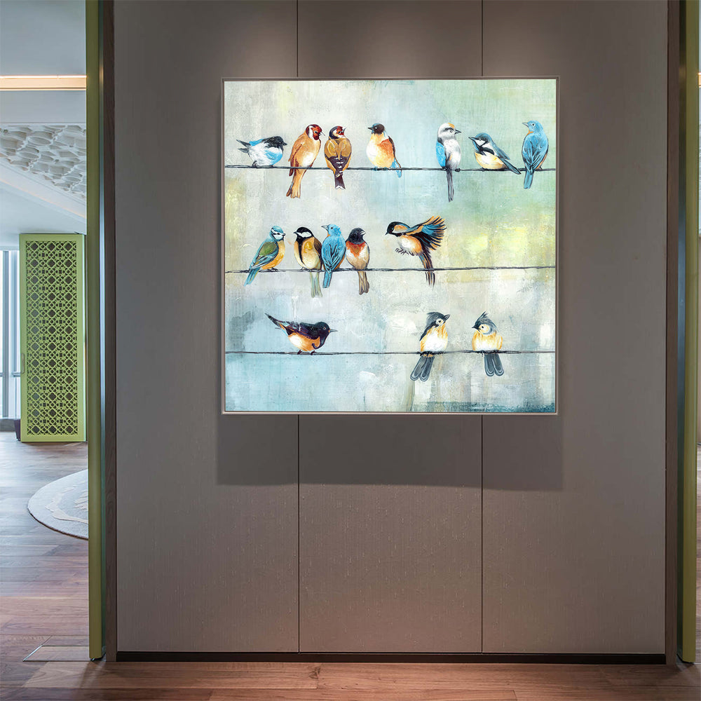 Colorful Birds On A Wire – Square Bird Painting Canvas Wall Art