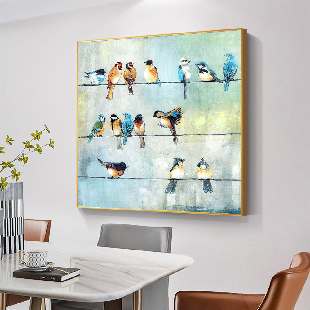 Colorful Birds On A Wire – Square Bird Painting Canvas Wall Art