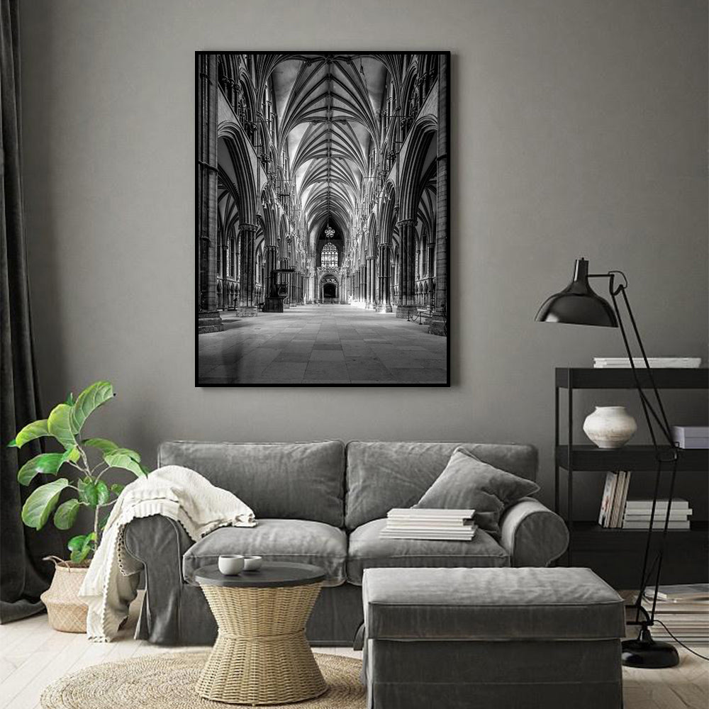 Gothic Grandeur: Black And White Cathedral Interior Canvas Wall Art