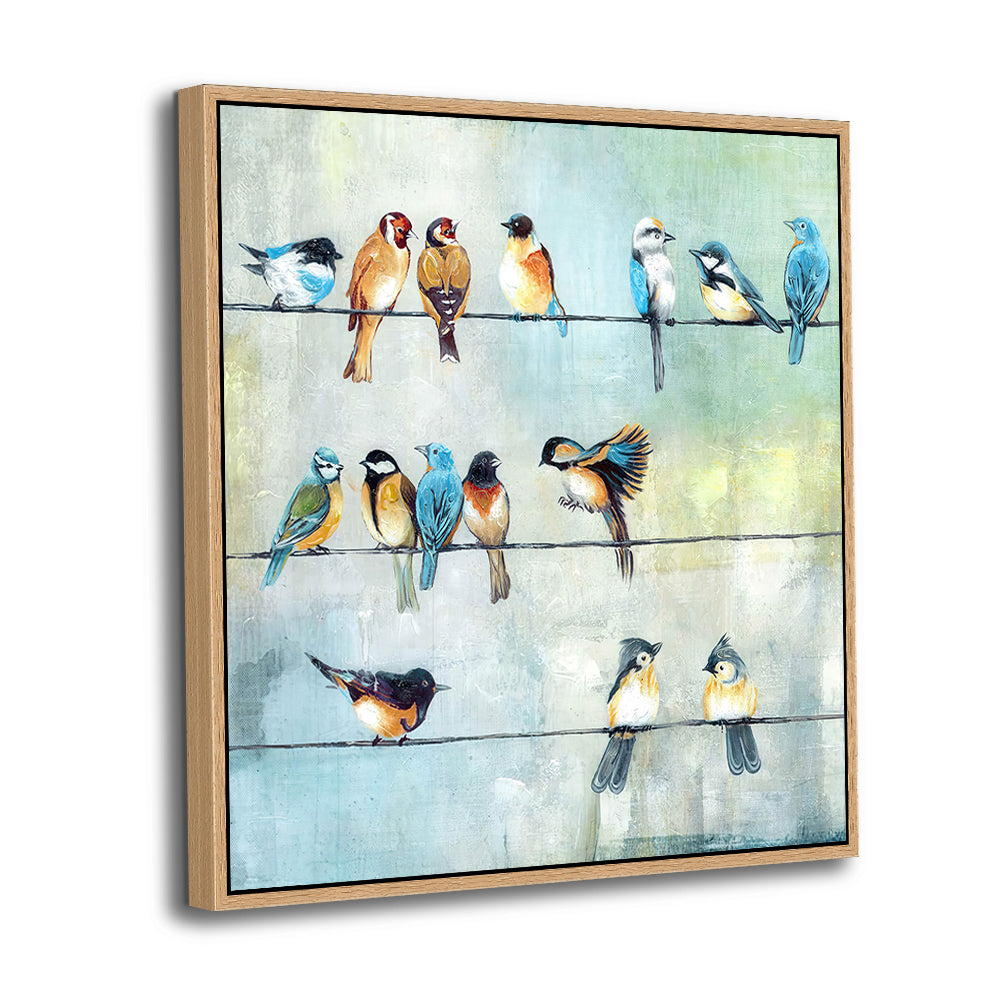 Colorful Birds On A Wire – Square Bird Painting Canvas Wall Art