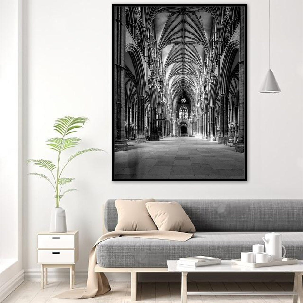 Gothic Grandeur: Black And White Cathedral Interior Canvas Wall Art