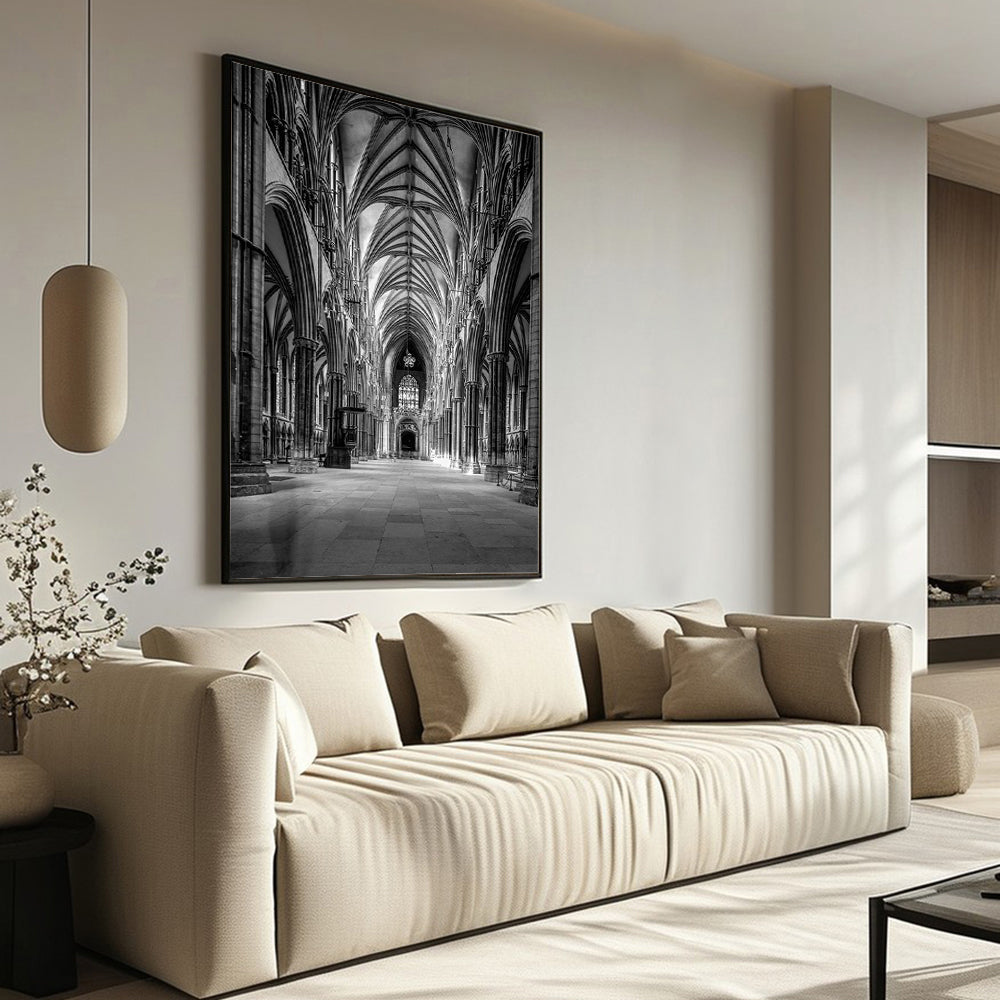 Gothic Grandeur: Black And White Cathedral Interior Canvas Wall Art