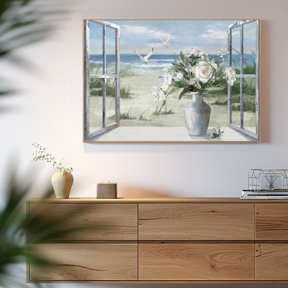 Open Window to Coastal Serenity Canvas Wall Art