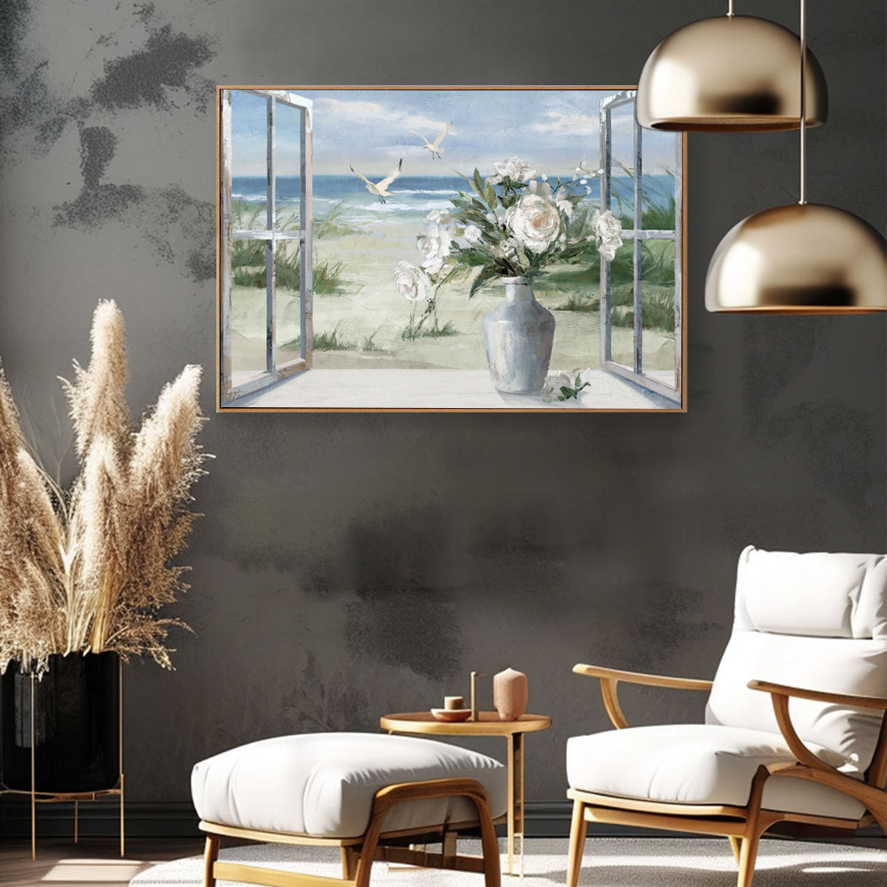 Open Window to Coastal Serenity Canvas Wall Art