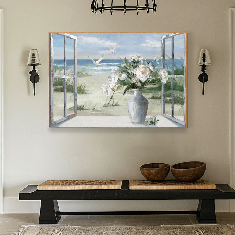 Open Window to Coastal Serenity Canvas Wall Art