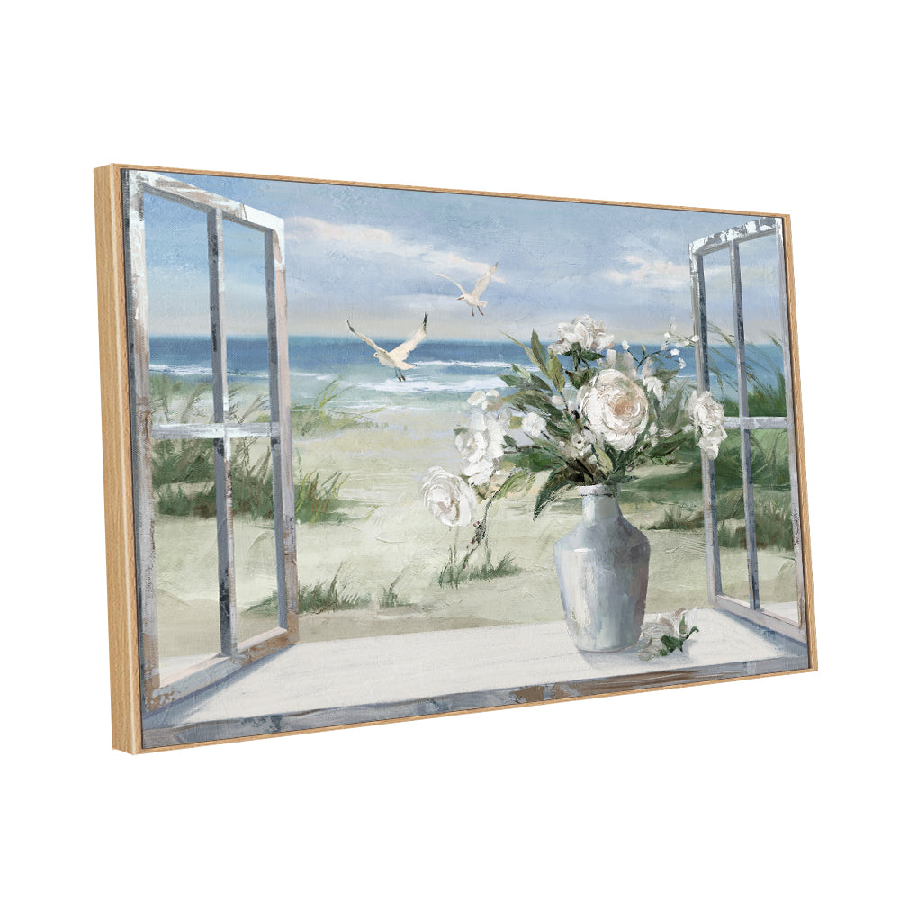 Open Window to Coastal Serenity Canvas Wall Art
