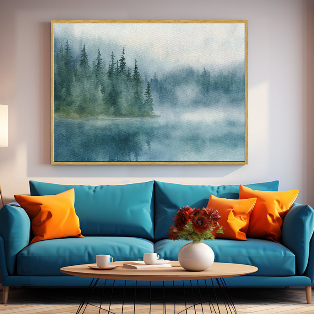 Misty Forest Lake - Tranquil Nature Landscape Canvas Wall Art