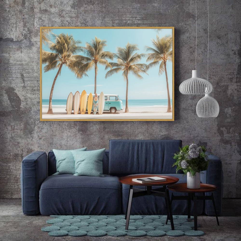 Retro Surf Van Beach - Tropical Coastal Vibes Canvas Wall Art
