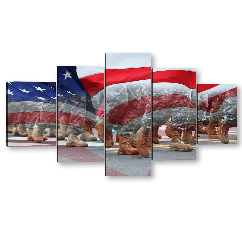 5 Piece Soldiers Running Shadow with US Flag Canvas Wall Art