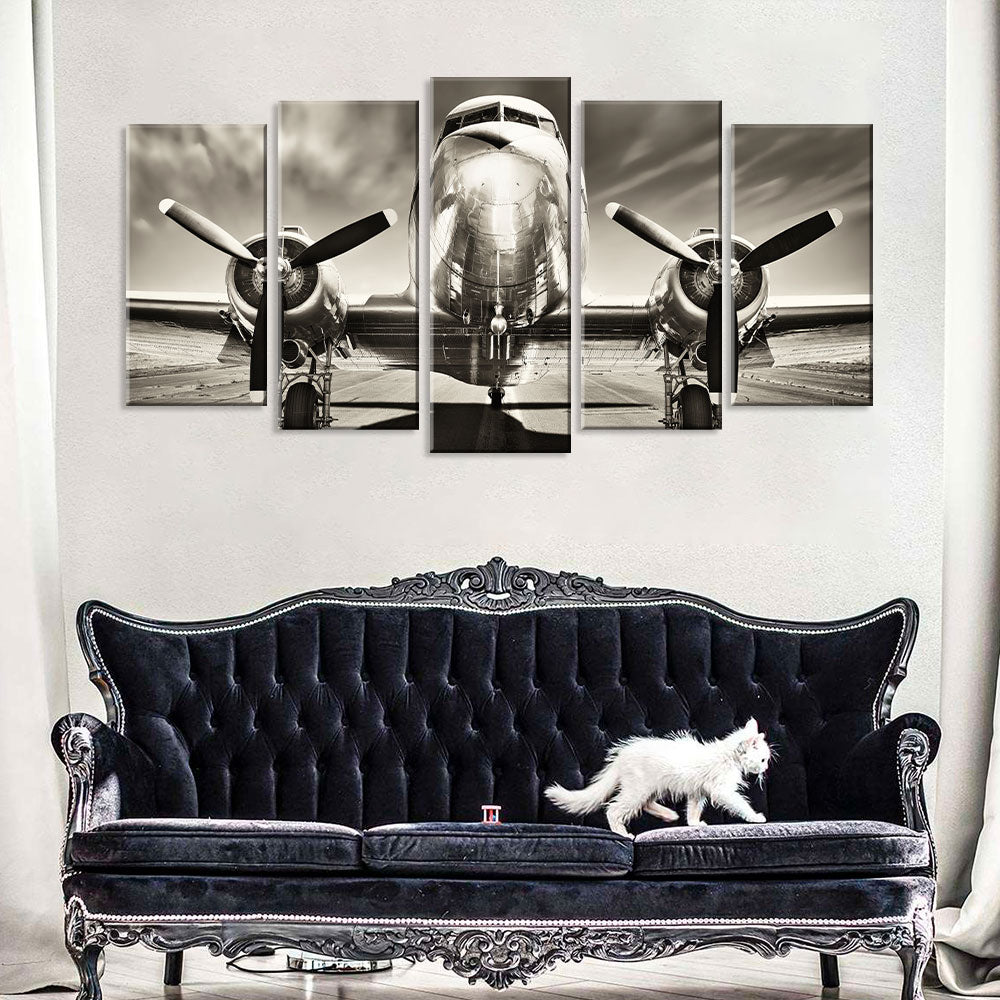 5 Piece Vintage Airplane on Runway Canvas Wall Art