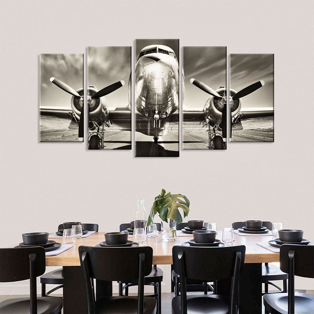 5 Piece Vintage Airplane on Runway Canvas Wall Art