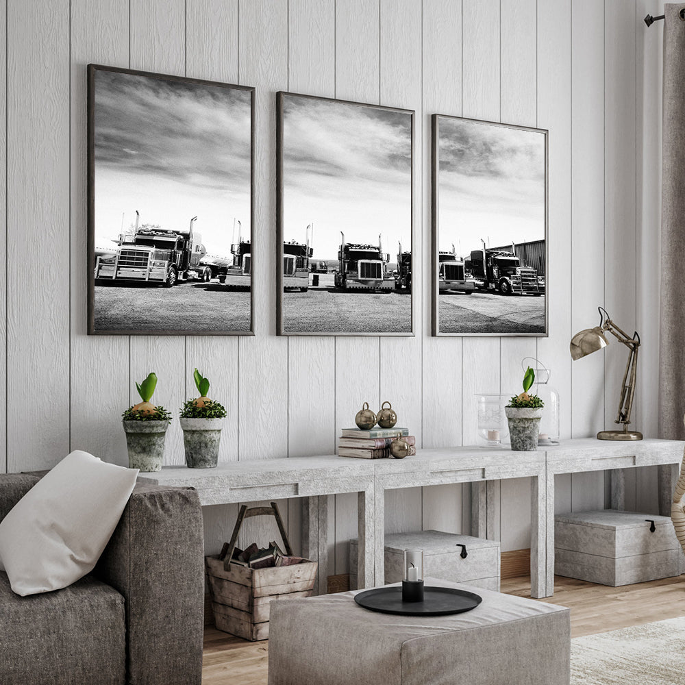 Classic Black & White Semi-Truck 3-Piece Canvas Wall Art – Bold & Timeless