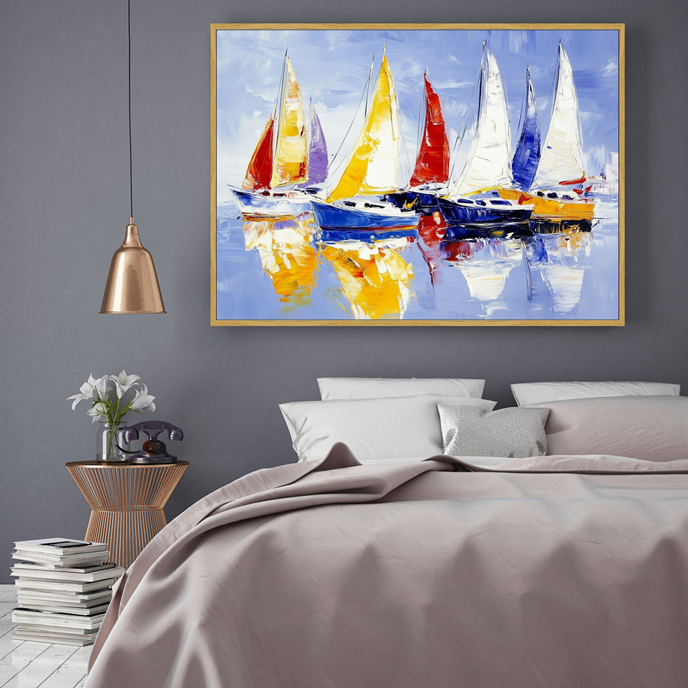 Vibrant Sailboats On Water Canvas Wall Art