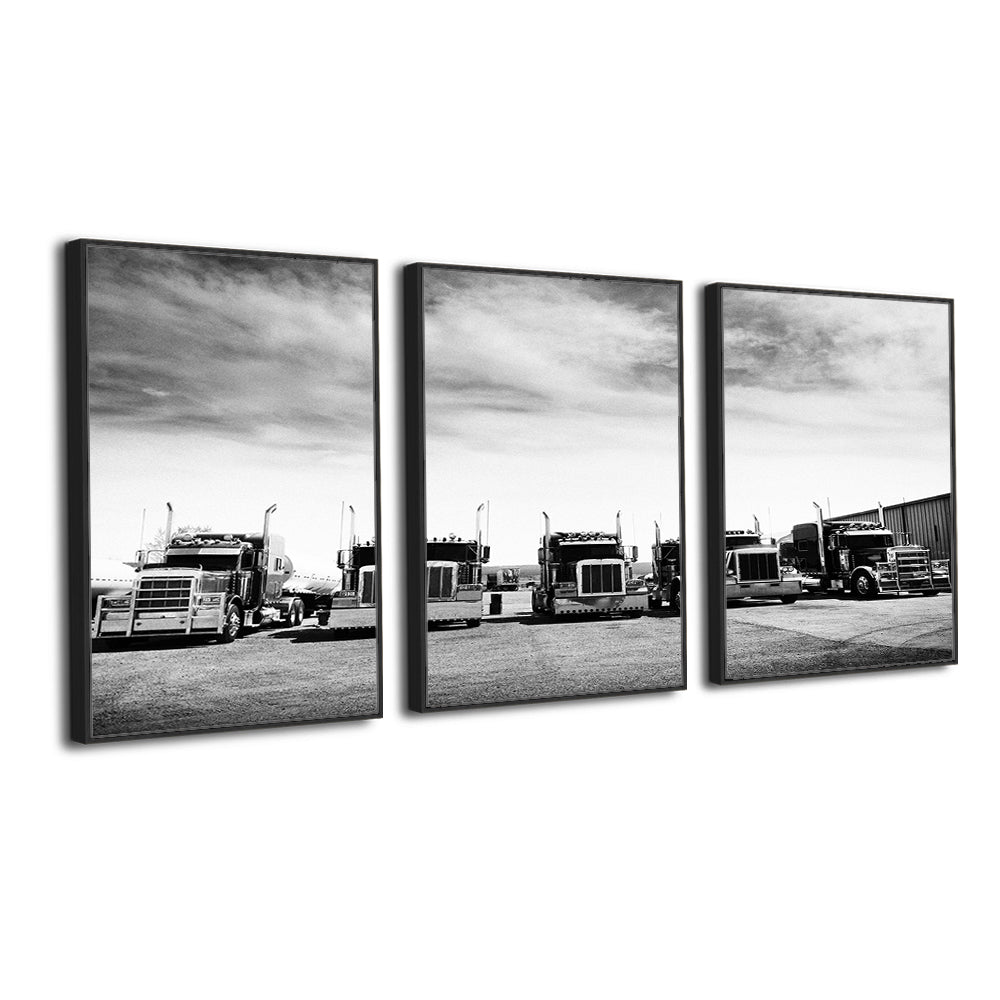 Classic Black & White Semi-Truck 3-Piece Canvas Wall Art – Bold & Timeless