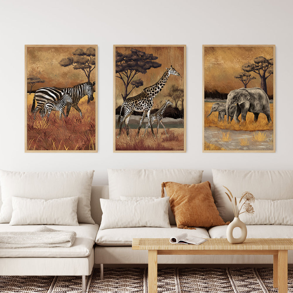 Serene Safari 3-Piece Canvas Wall Art – African Wildlife Collection