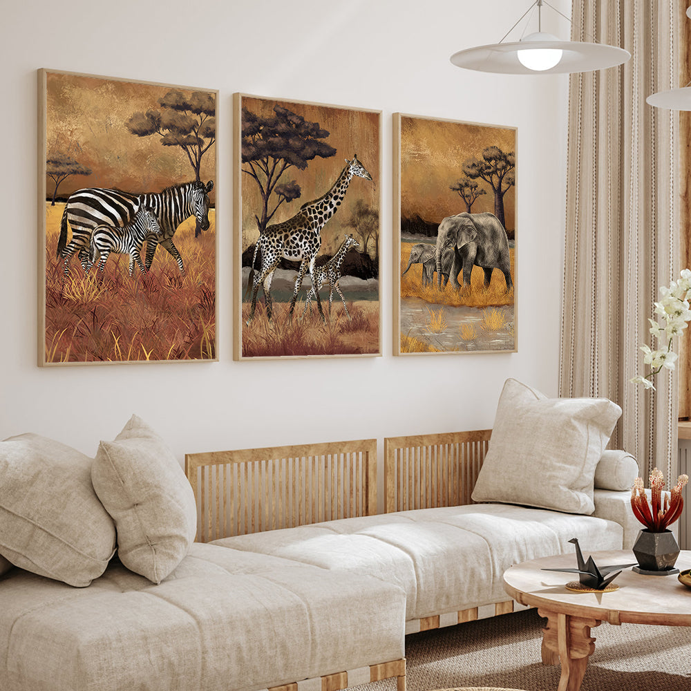 Serene Safari 3-Piece Canvas Wall Art – African Wildlife Collection