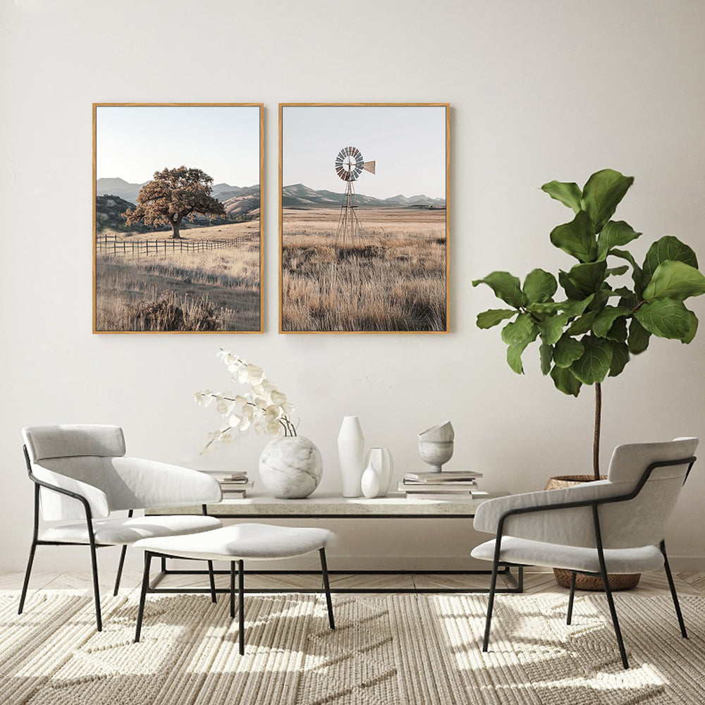 Countryside Serenity with Oak Tree and Windmill Canvas Wall Art