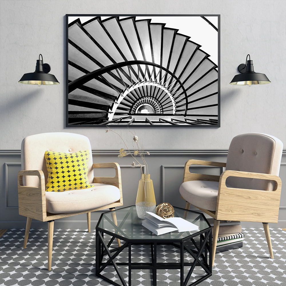 Spiral Elegance: Monochrome Staircase Canvas Wall Art
