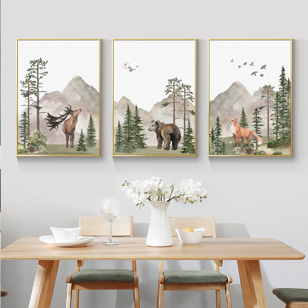 Tranquil Wilderness 3-Piece Canvas Wall Art – Rustic Woodland Animal Print