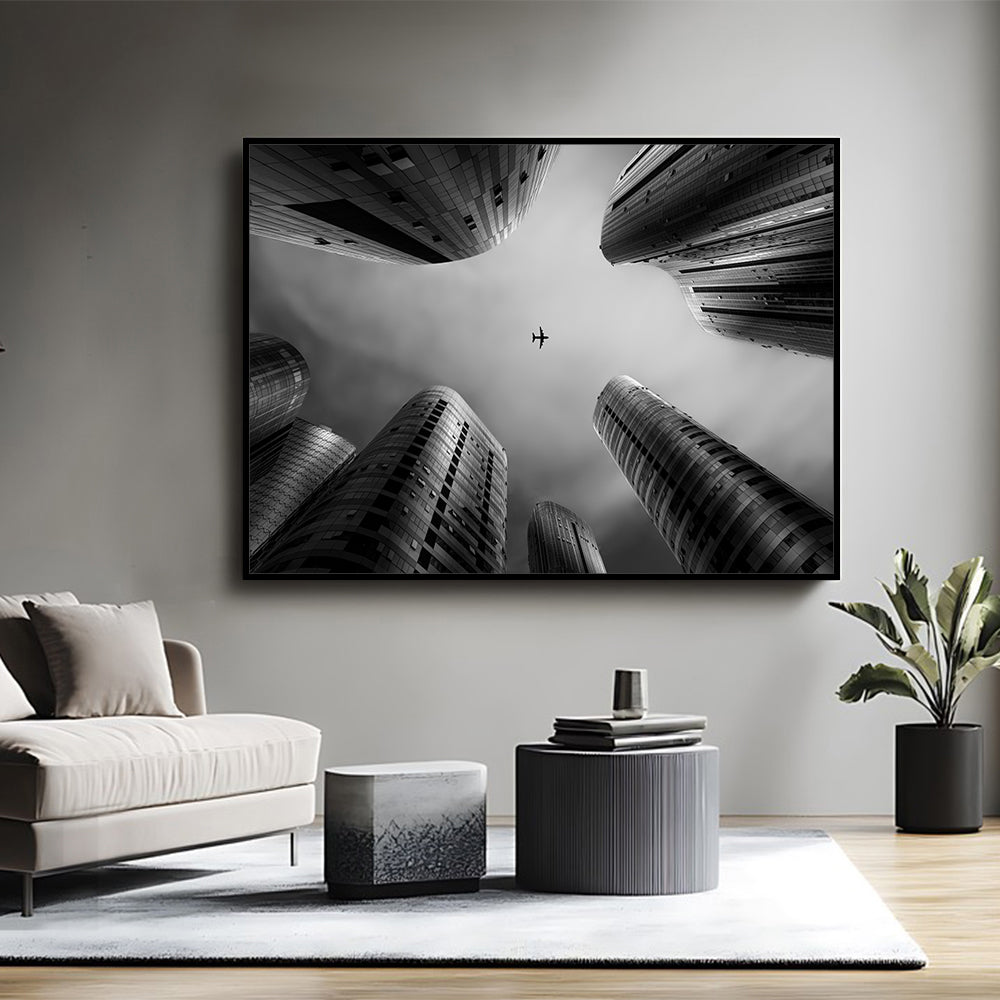 Urban Skyline Canvas Wall Art – Airplane Perspective In Black And White