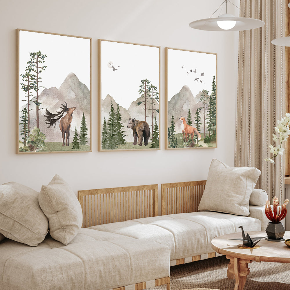 Tranquil Wilderness 3-Piece Canvas Wall Art – Rustic Woodland Animal Print