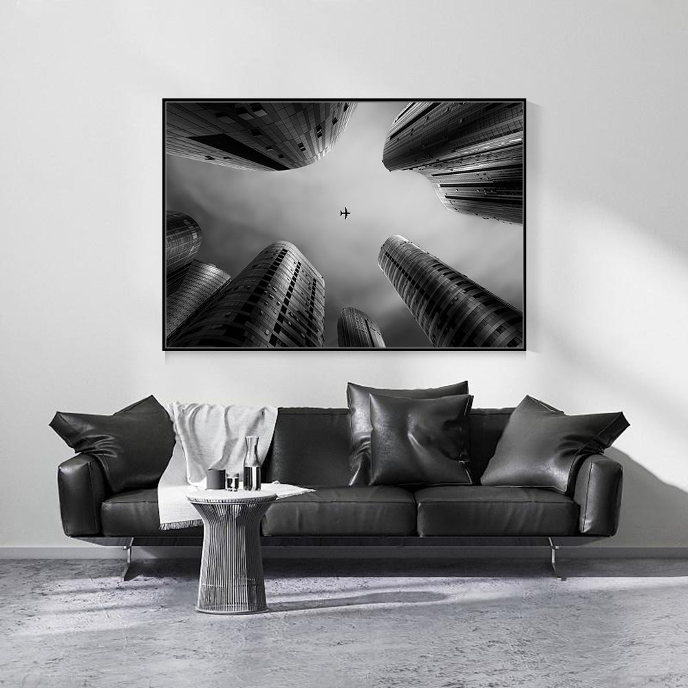 Urban Skyline Canvas Wall Art – Airplane Perspective In Black And White