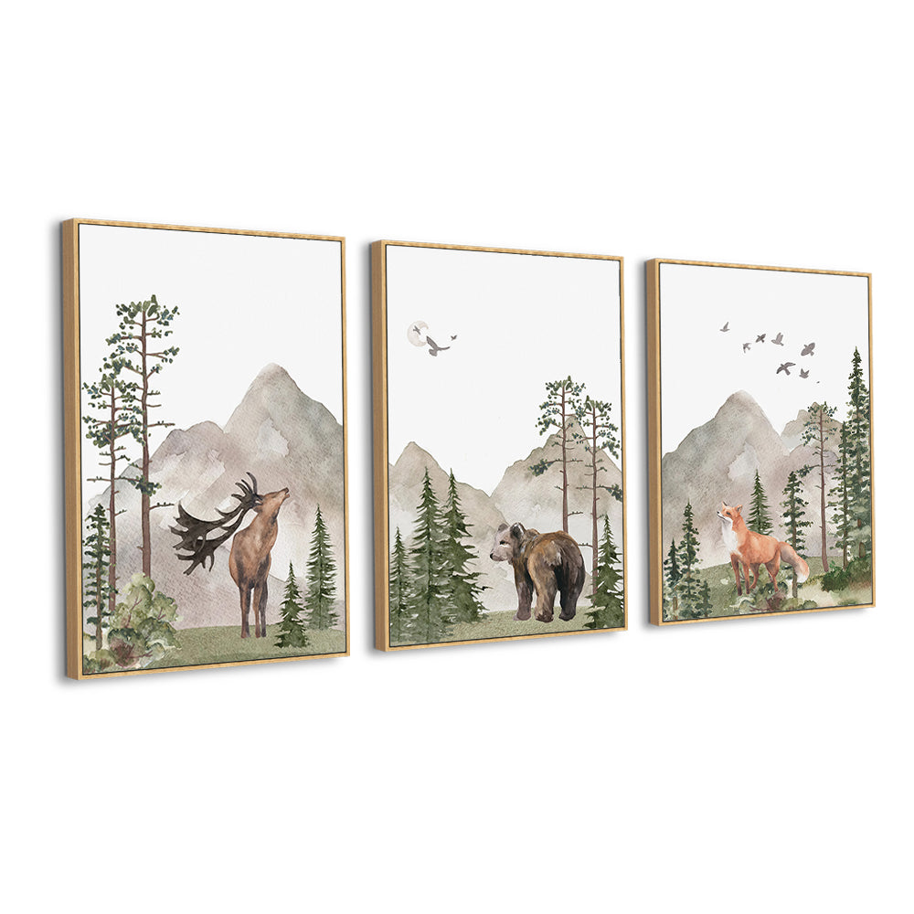 Tranquil Wilderness 3-Piece Canvas Wall Art – Rustic Woodland Animal Print