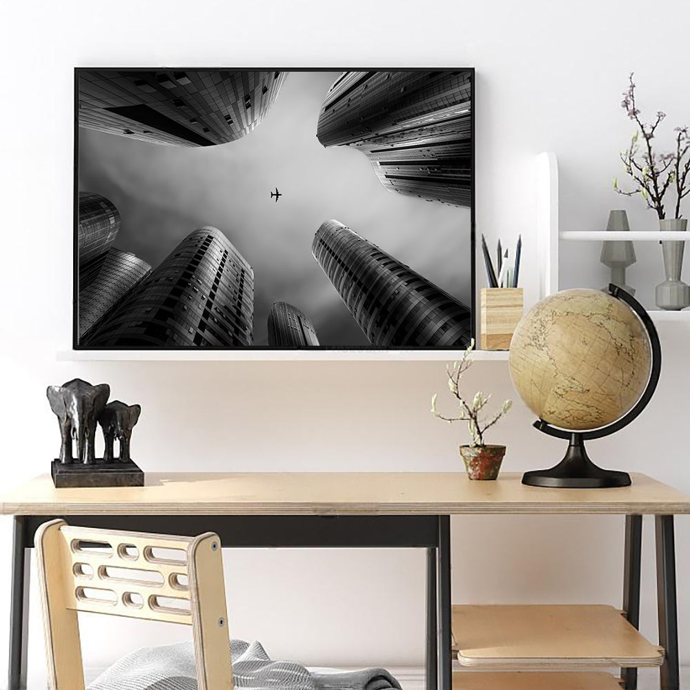 Urban Skyline Canvas Wall Art – Airplane Perspective In Black And White