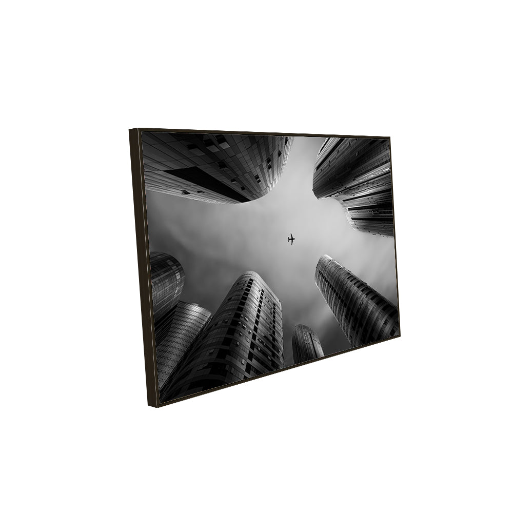 Urban Skyline Canvas Wall Art – Airplane Perspective In Black And White