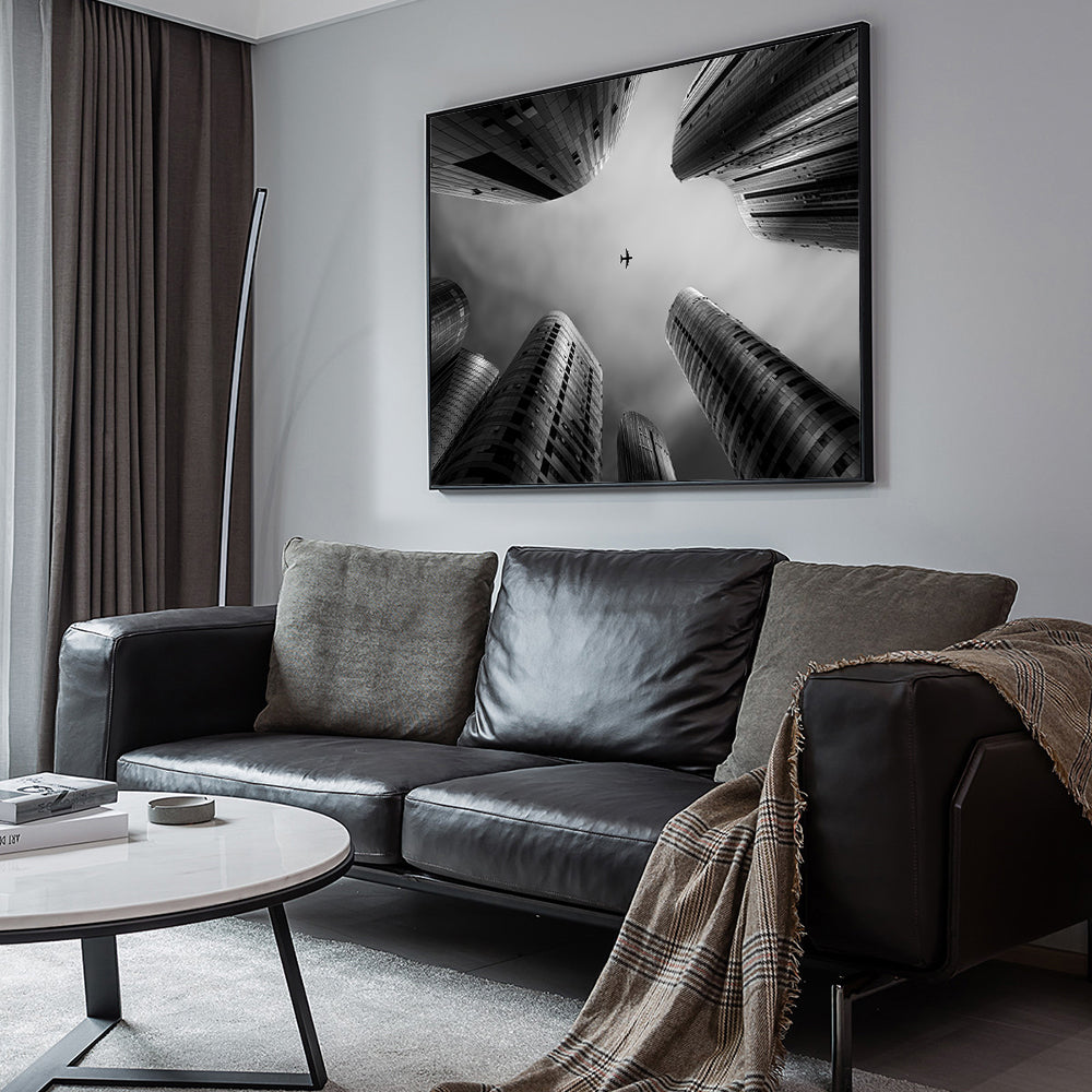 Urban Skyline Canvas Wall Art – Airplane Perspective In Black And White