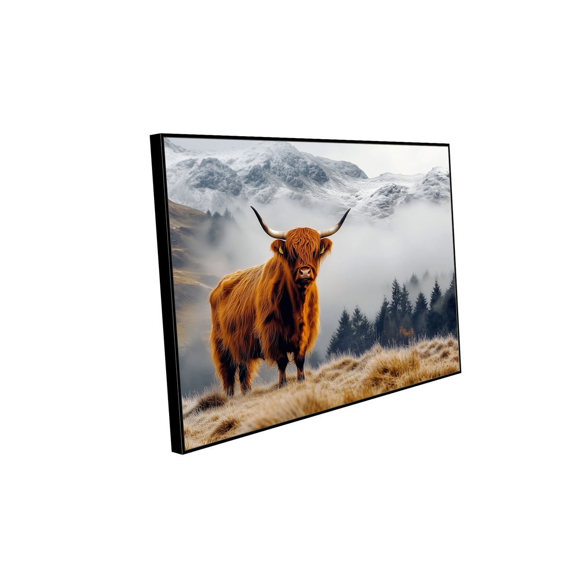Mist And Majesty: Highland Cow In The Mountains Canvas Wall Art