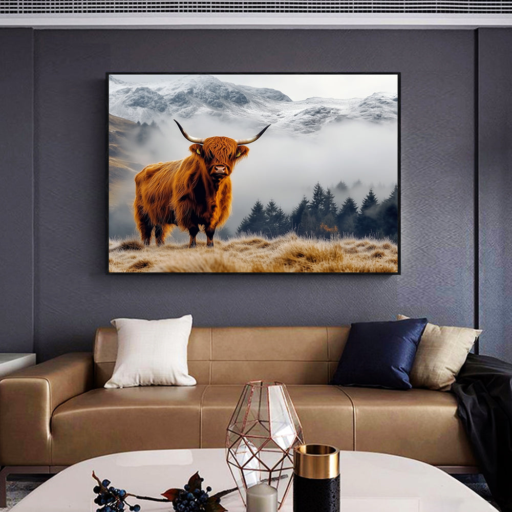 Mist And Majesty: Highland Cow In The Mountains Canvas Wall Art
