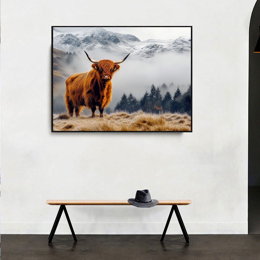Mist And Majesty: Highland Cow In The Mountains Canvas Wall Art
