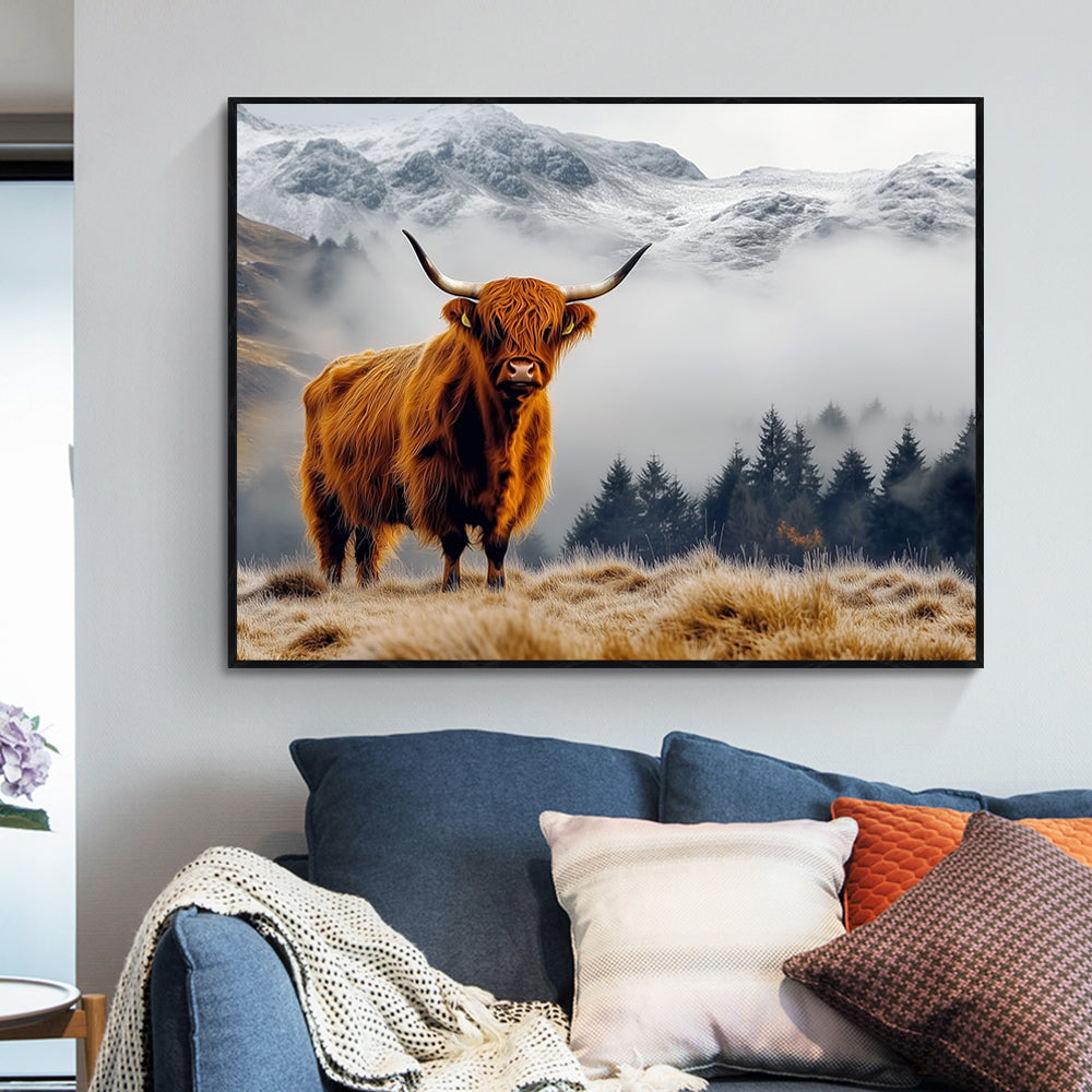 Mist And Majesty: Highland Cow In The Mountains Canvas Wall Art