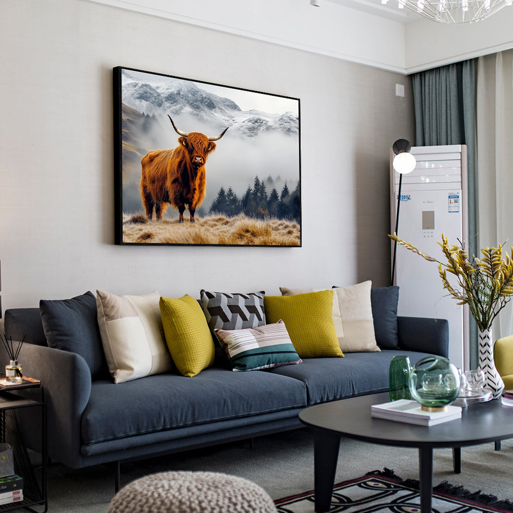 Mist And Majesty: Highland Cow In The Mountains Canvas Wall Art