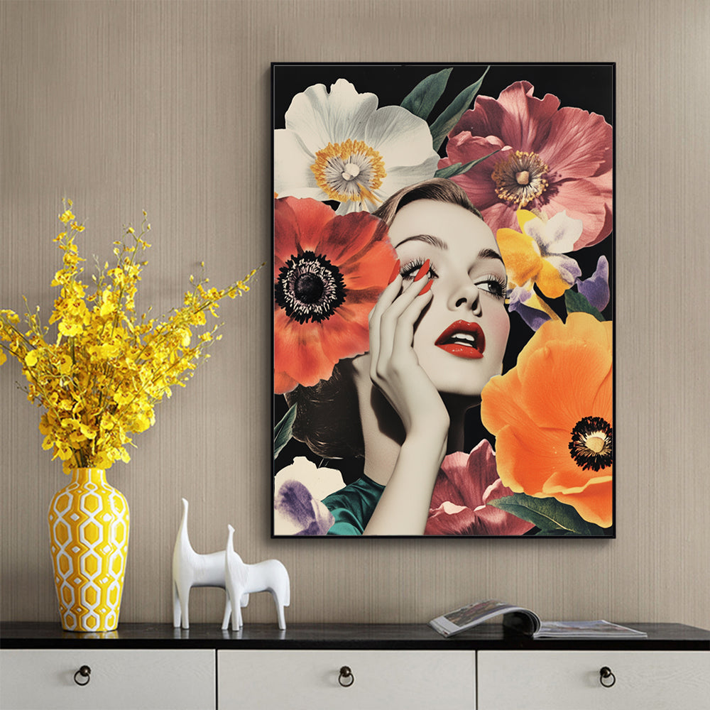 Modern Glam Floral Portrait Canvas Wall Art – Bold Fashion & Nature Fusion