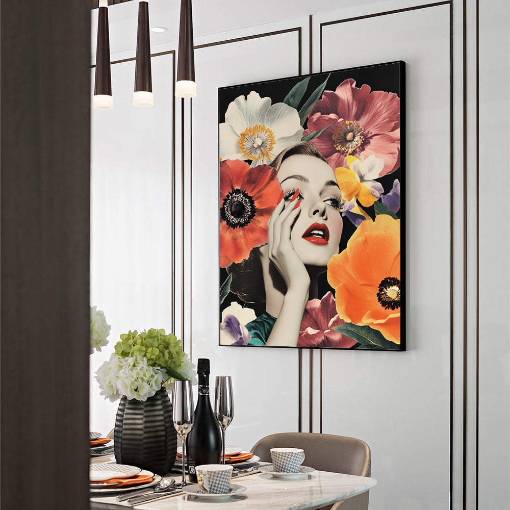 Modern Glam Floral Portrait Canvas Wall Art – Bold Fashion & Nature Fusion