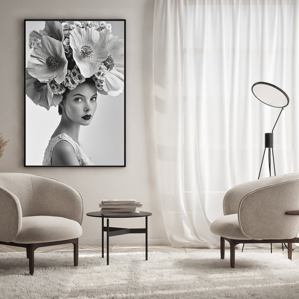 Timeless Elegance – Black & White Floral Portrait Canvas Wall Art