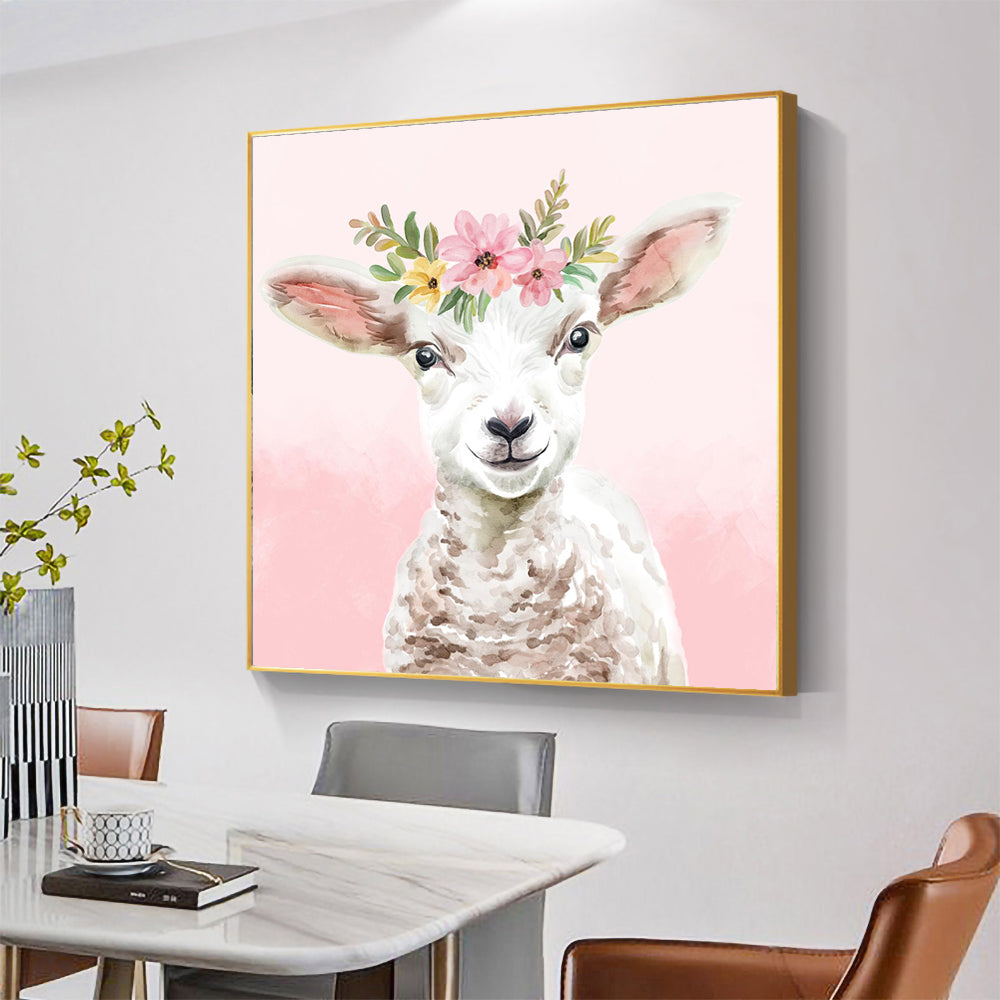 Adorable Floral Lamb Canvas Wall Art – Farmhouse Nursery Décor