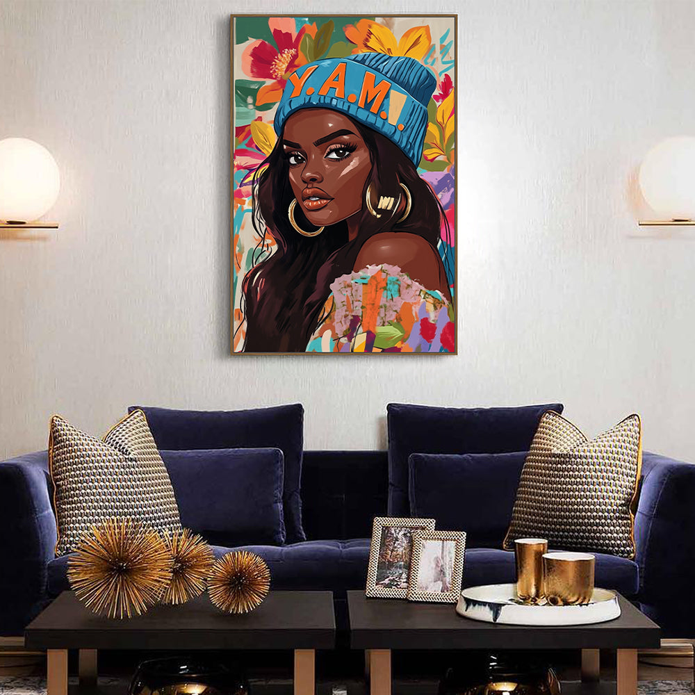 Empowered Afro-Urban Canvas Art – Vibrant Floral Portrait