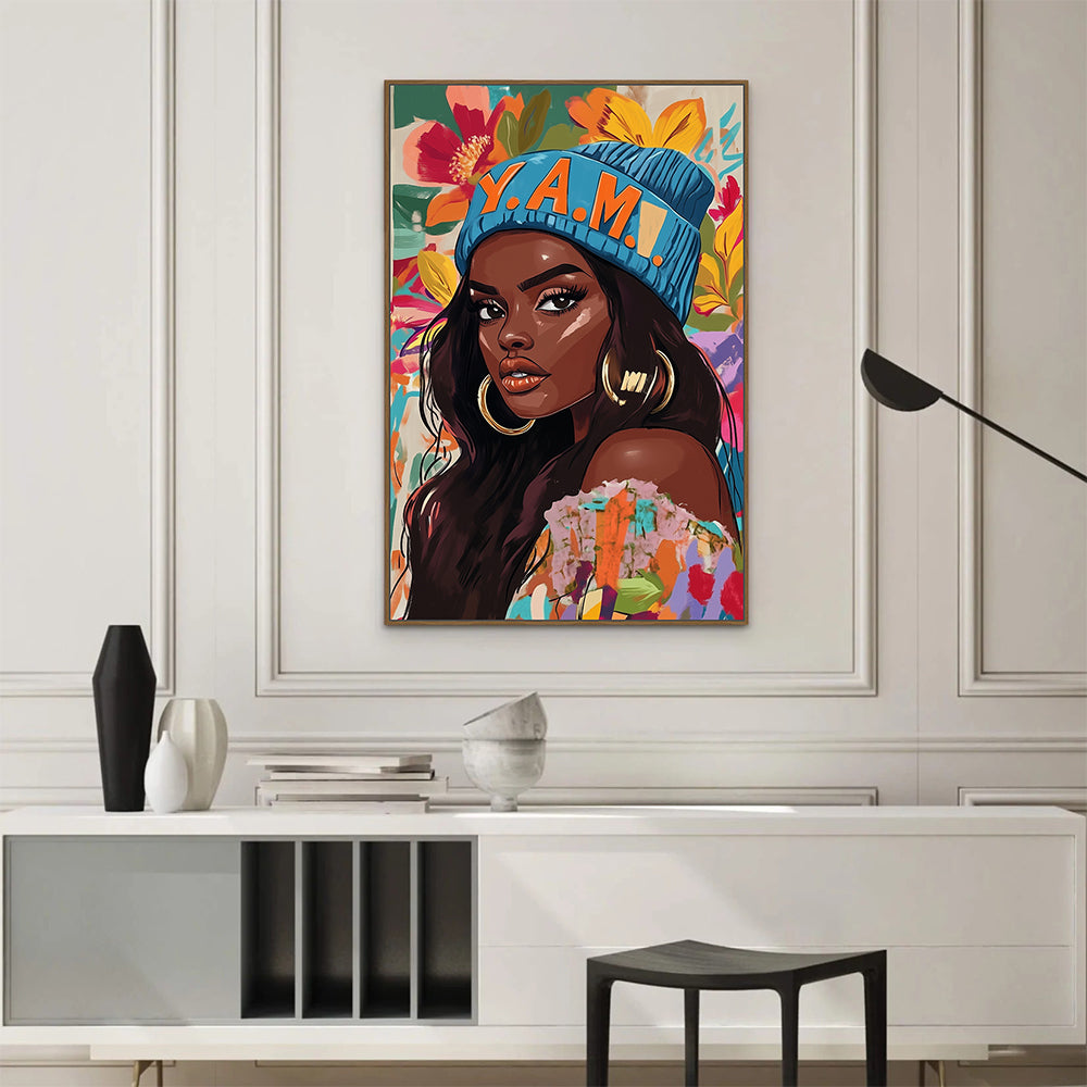 Empowered Afro-Urban Canvas Art – Vibrant Floral Portrait