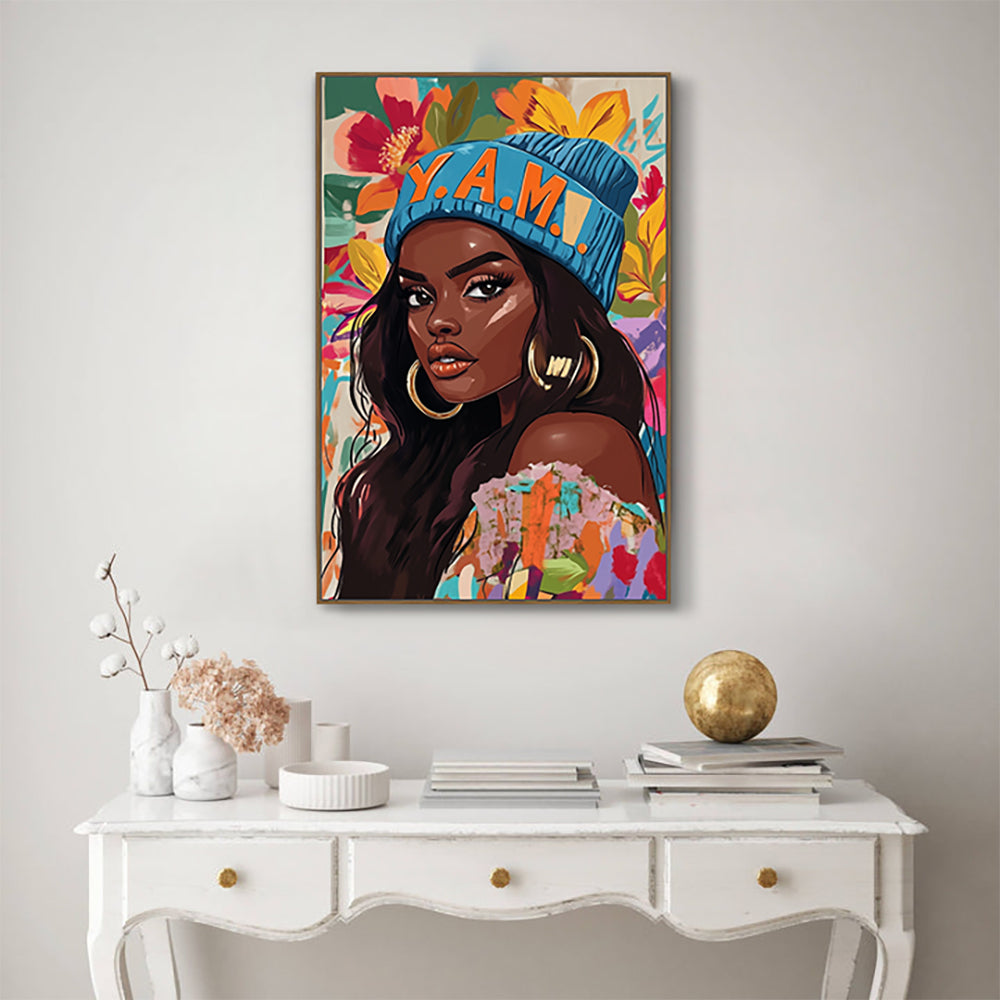 Empowered Afro-Urban Canvas Art – Vibrant Floral Portrait