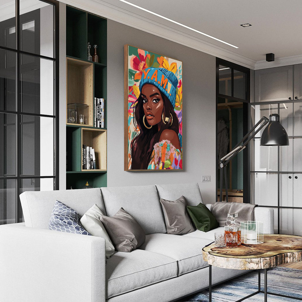 Empowered Afro-Urban Canvas Art – Vibrant Floral Portrait