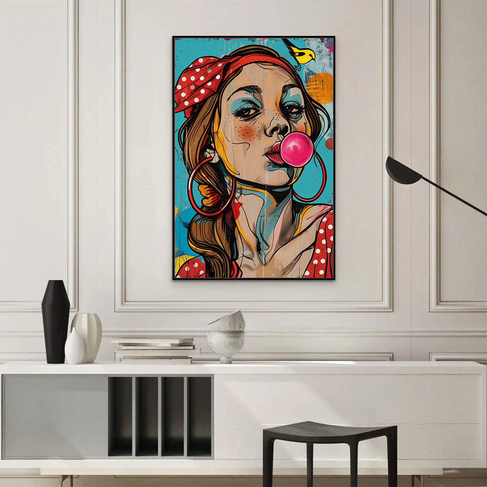 Bubblegum Retro Diva Canvas – Vibrant Pop Art Wall Decor